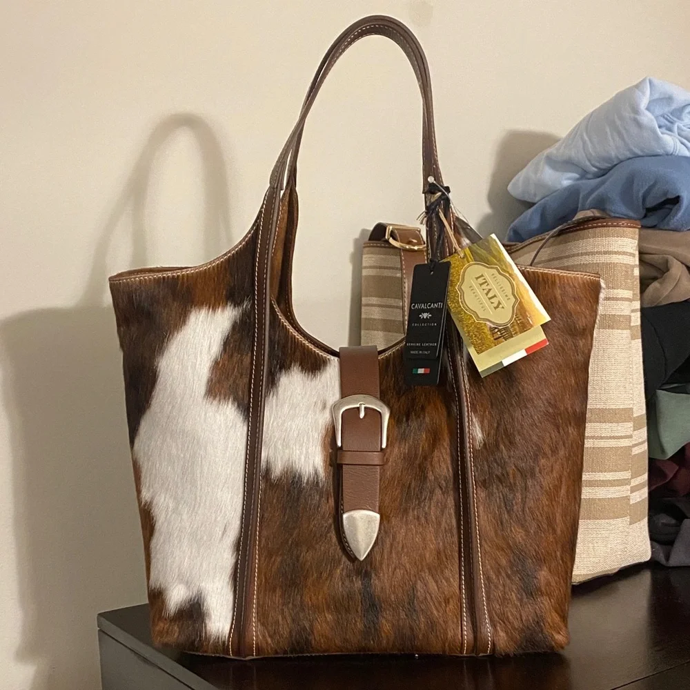 Cavalcanti Cow Print Buckle Tote Purse - Picture 1 of 4